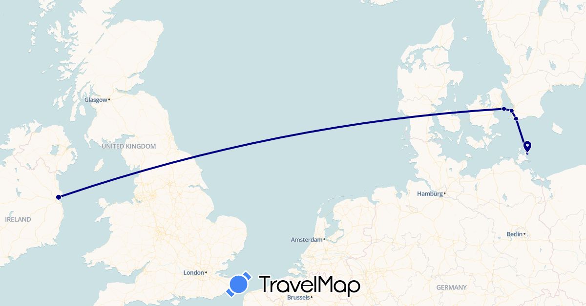 TravelMap itinerary: driving in Germany, Denmark, Ireland, Sweden (Europe)